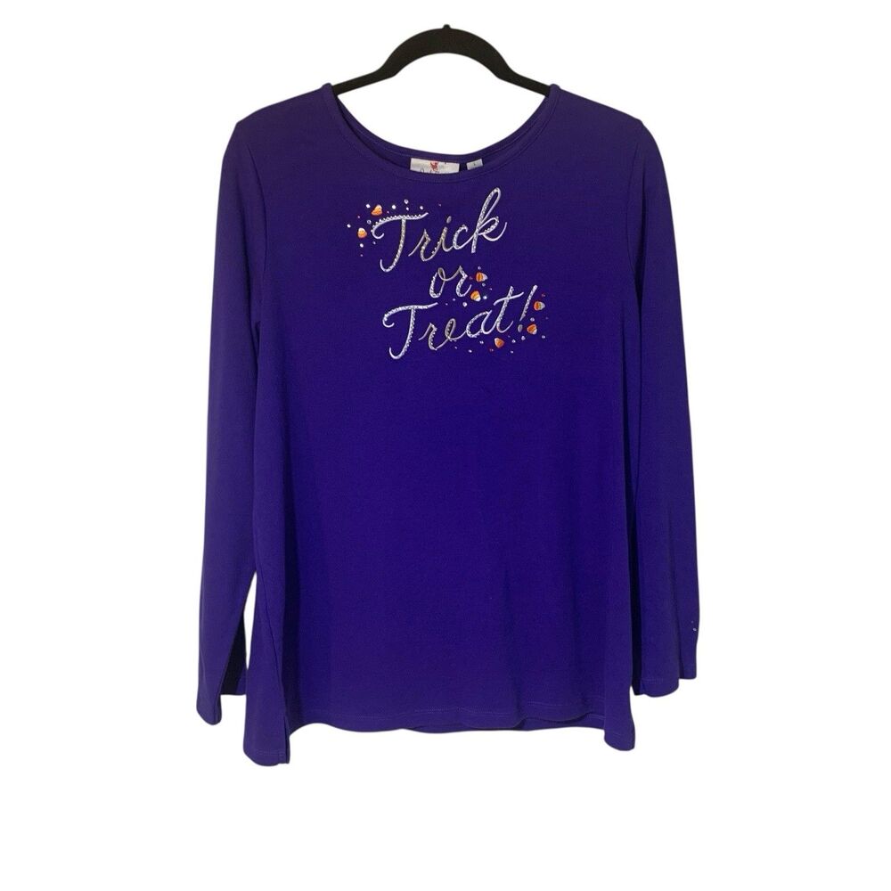 Quaker Factory Womens Purple Long Sleeve Beaded Halloween Shirt XL Holiday